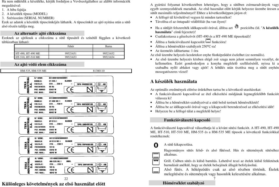 Az alternatív ajtó cikkszáma Ezeknek az ajtóknak a cikkszáma a sütı típusától és színétıl függıen a következı táblázatban látható: Fehér Barna HT-490, HT-490 ME 99521651 99521652 HT-510, HT-510 ME