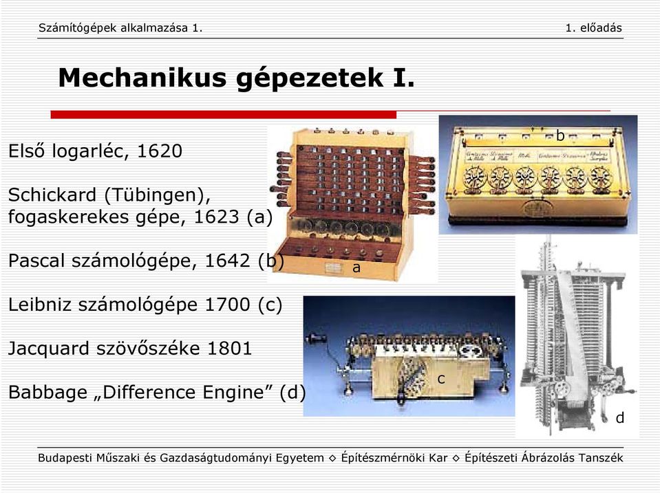 fogaskerekes gépe, 1623 (a) Pascal számológépe, 1642