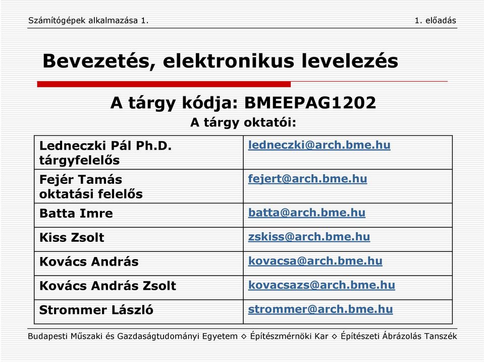 tárgyfelelős Fejér Tamás oktatási felelős Batta Imre Kiss Zsolt Kovács András Kovács