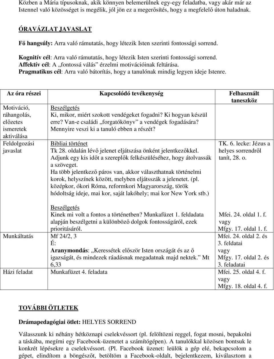 Affektív cél: A fontossá válás érzelmi motivációinak feltárása. Pragmatikus cél: Arra való bátorítás, hogy a tanulónak mindig legyen ideje Istenre.