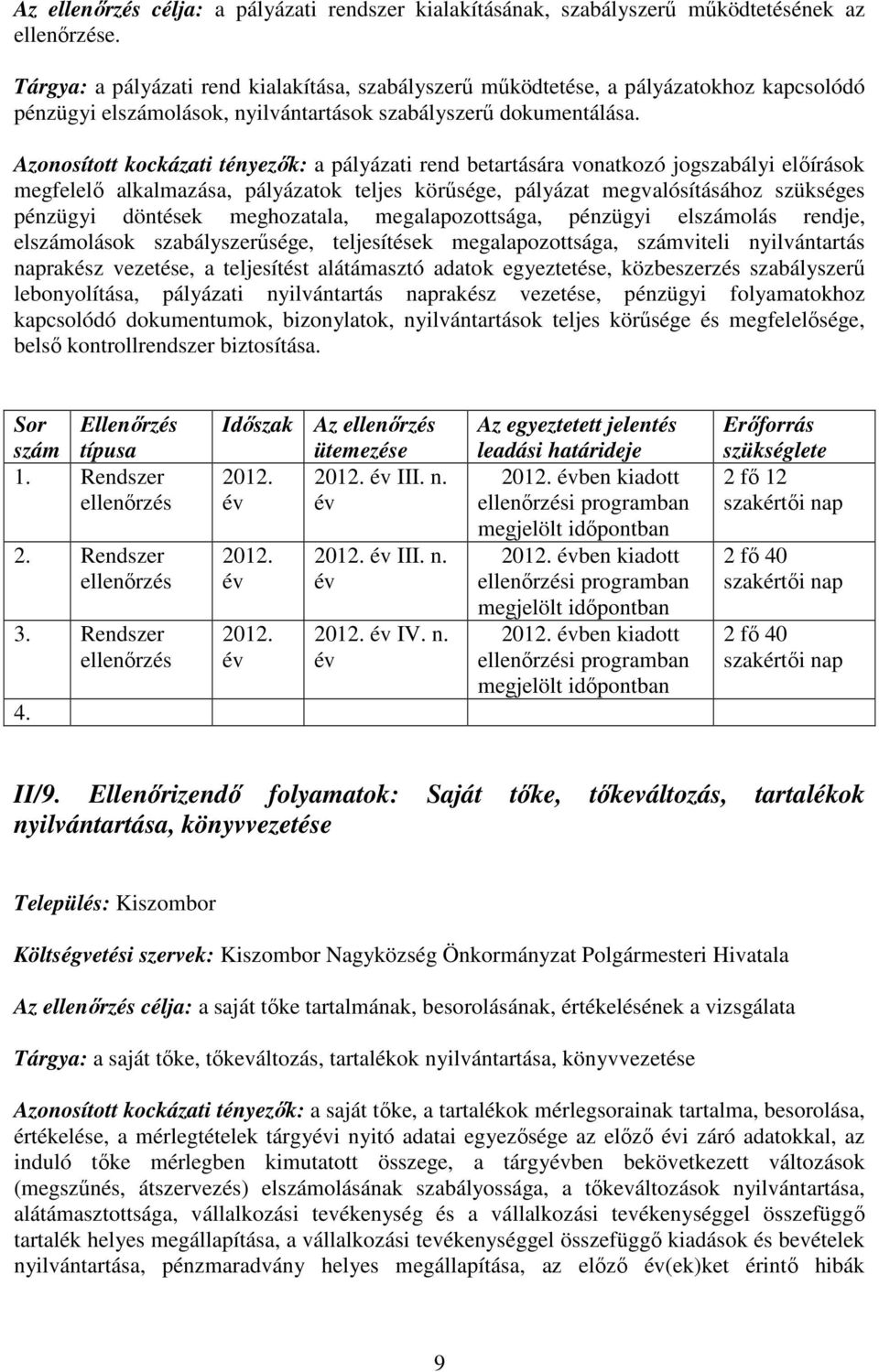 Azonosított kockázati tényezık: a pályázati rend betartására vonatkozó jogszabályi elıírások megfelelı alkalmazása, pályázatok teljes körősége, pályázat megvalósításához szükséges pénzügyi döntések