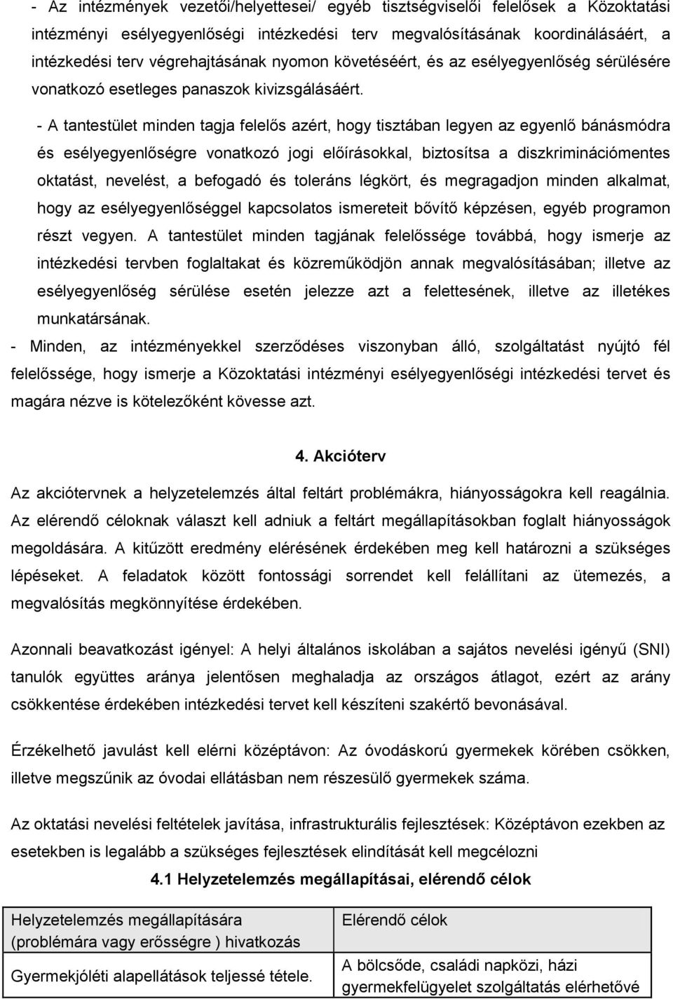 - A tantestület minden tagja felelős azért, hogy tisztában legyen az egyenlő bánásmódra és esélyegyenlőségre vonatkozó jogi előírásokkal, biztosítsa a diszkriminációmentes oktatást, nevelést, a