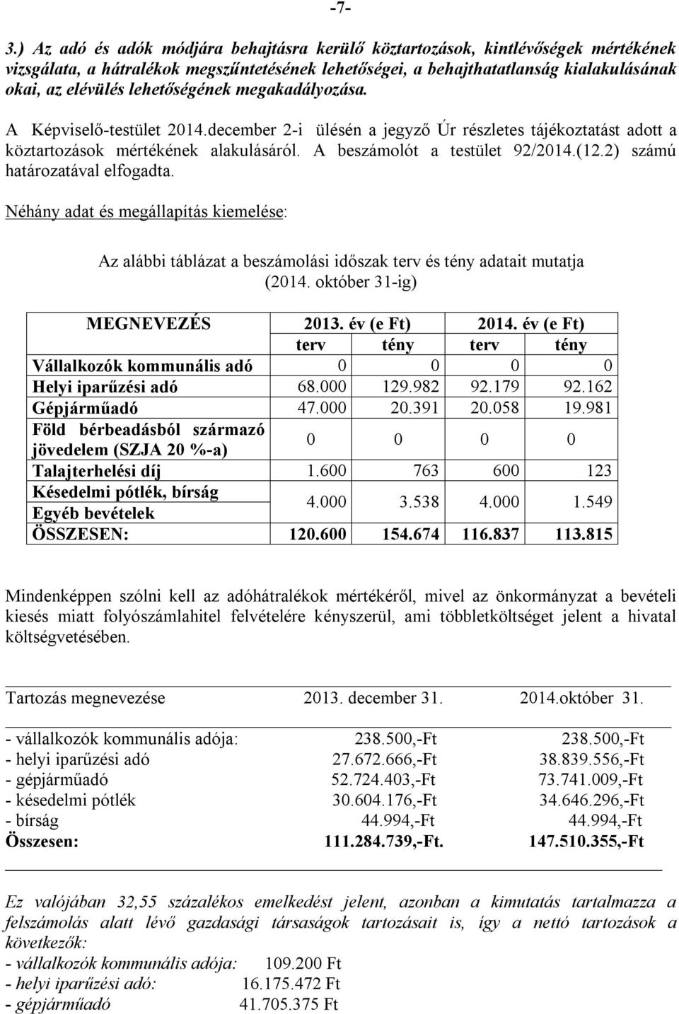 2) számú határozatával elfogadta. Néhány adat és megállapítás kiemelése: Az alábbi táblázat a beszámolási időszak terv és tény adatait mutatja (2014. október 31-ig) MEGNEVEZÉS 2013. év (e Ft) 2014.