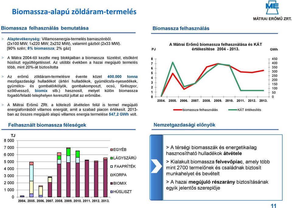 GWh > A Mátra 2004-től kezdte meg blokkjaiban a biomassza tüzelést, elsőként húsliszt együttégetéssel.