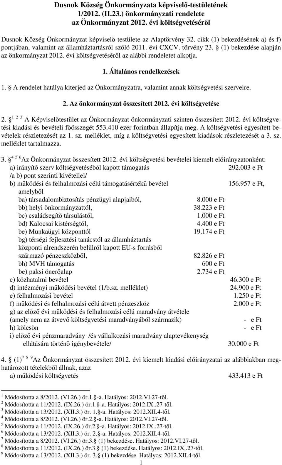 1. Általános rendelkezések 1. A rendelet hatálya kiterjed az Önkormányzatra, valamint annak költségvetési szerveire. 2. Az önkormányzat összesített 2012. évi költségvetése 2.