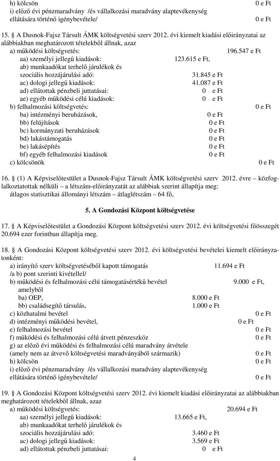 615 e Ft, ab) munkaadókat terhelı járulékok és szociális hozzájárulási adó: 31.845 e Ft ac) dologi jellegő kiadások: 41.