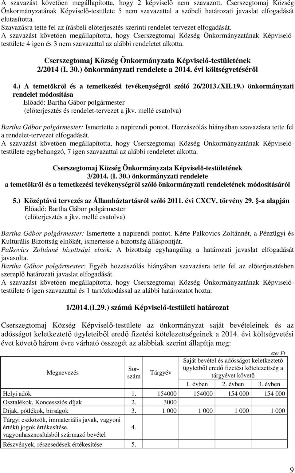 A szavazást követően megállapította, hogy Cserszegtomaj Község Önkormányzatának Képviselőtestülete 4 igen és 3 nem szavazattal az alábbi rendeletet alkotta.