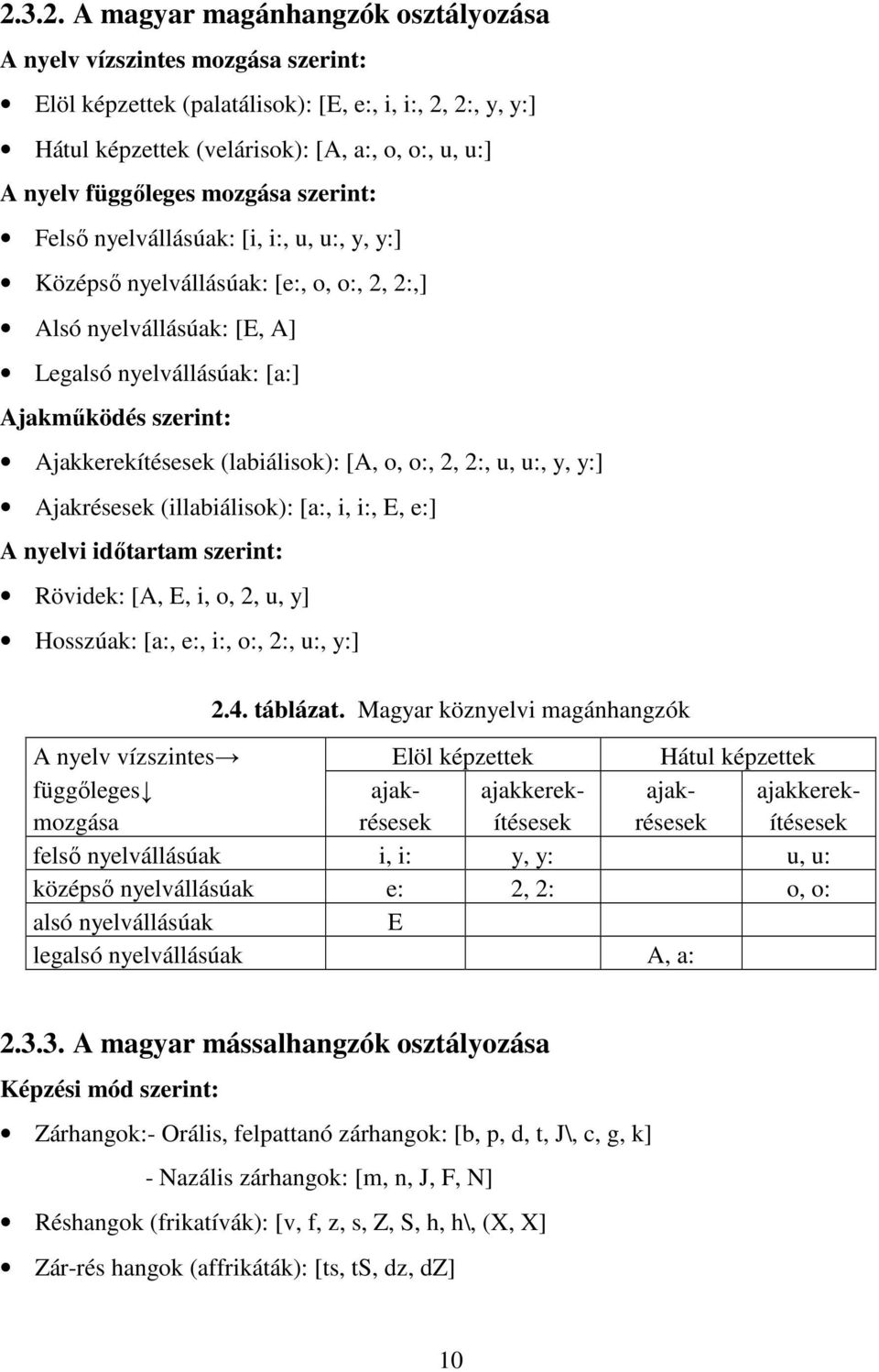 Ajakkerekítésesek (labiálisok): [A, o, o:, 2, 2:, u, u:, y, y:] Ajakrésesek (illabiálisok): [a:, i, i:, E, e:] A nyelvi idıtartam szerint: Rövidek: [A, E, i, o, 2, u, y] Hosszúak: [a:, e:, i:, o:,