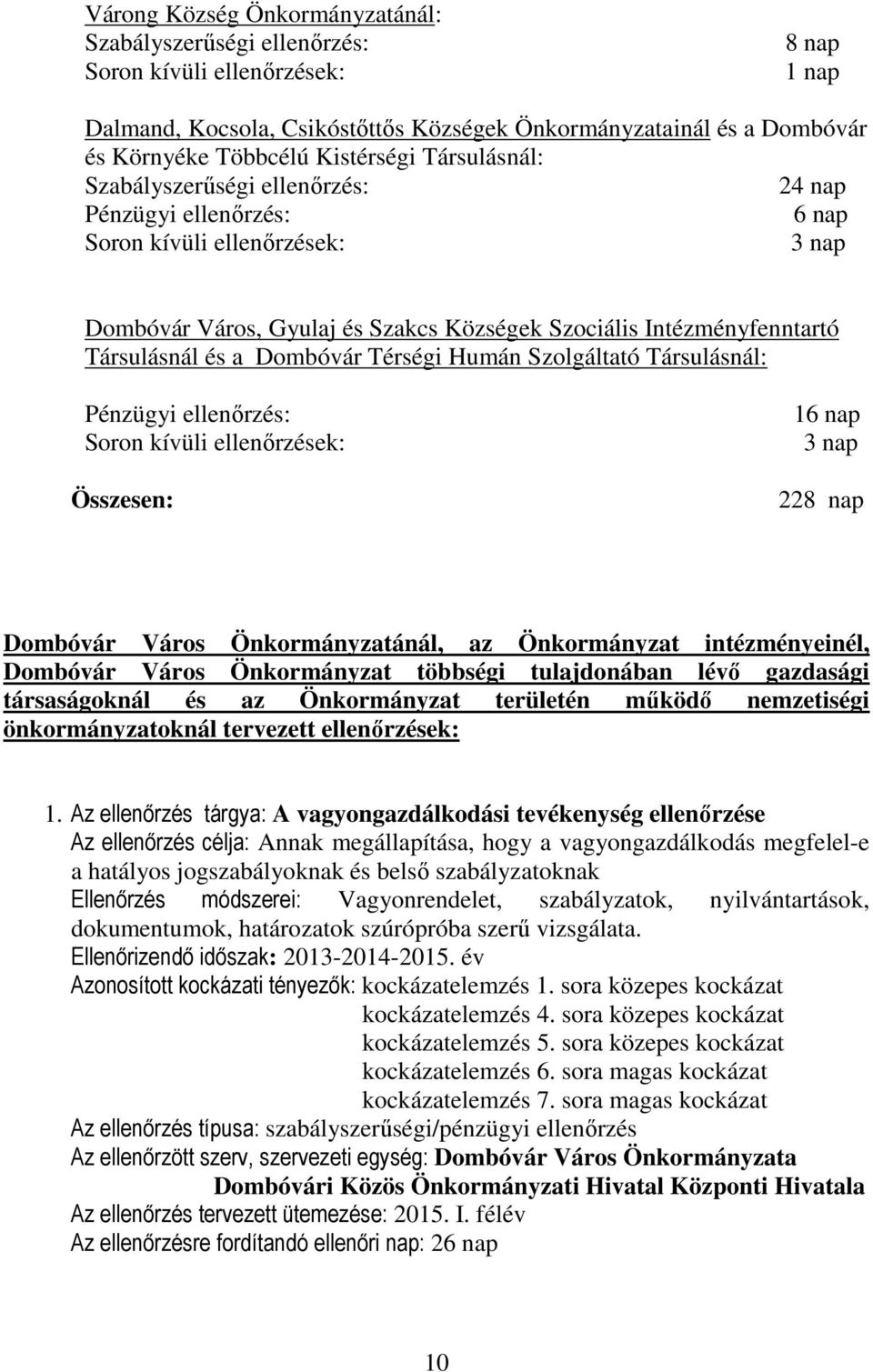 Társulásnál: Pénzügyi : Soron kívüli ek: Összesen: 16 nap 3 nap 228 nap Dombóvár Város Önkormányzatánál, az Önkormányzat intézményeinél, Dombóvár Város Önkormányzat többségi tulajdonában lévő