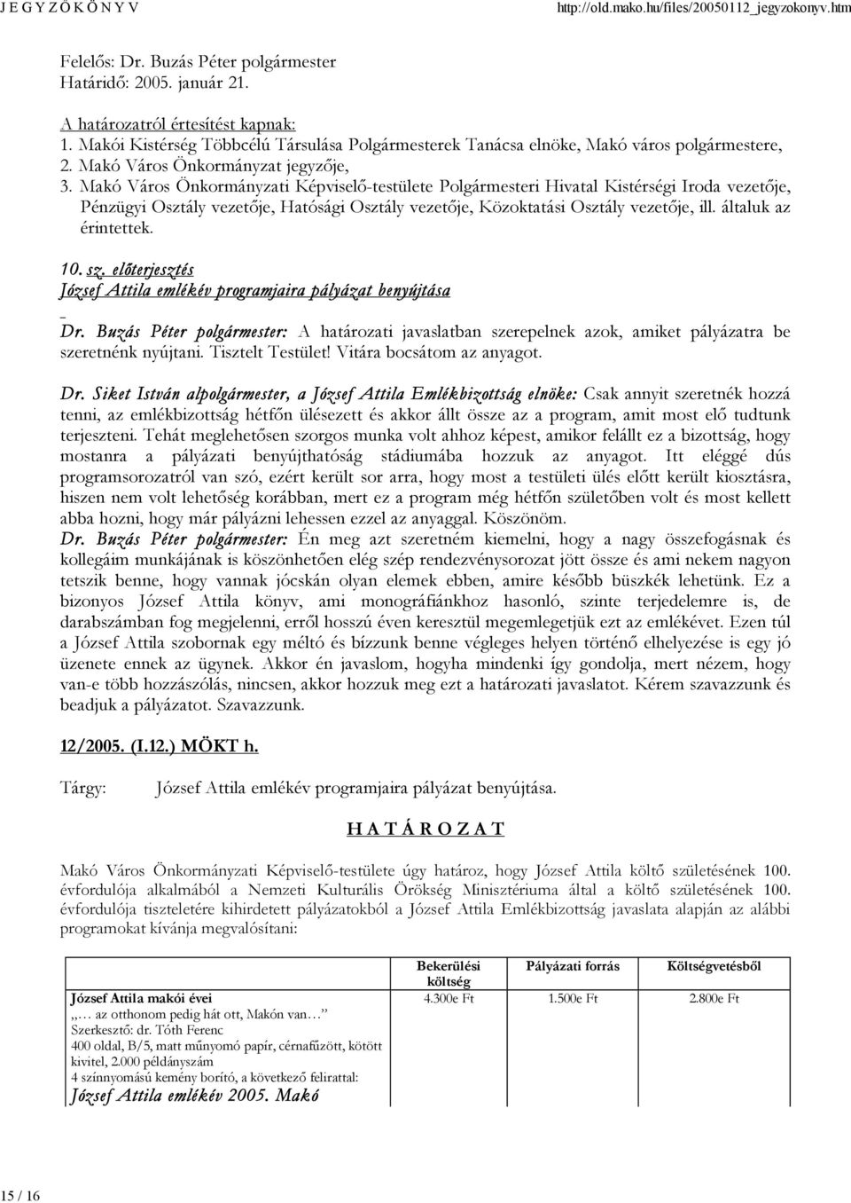 Makó Város Önkormányzati Képviselő-testülete Polgármesteri Hivatal Kistérségi Iroda vezetője, Pénzügyi Osztály vezetője, Hatósági Osztály vezetője, Közoktatási Osztály vezetője, ill.