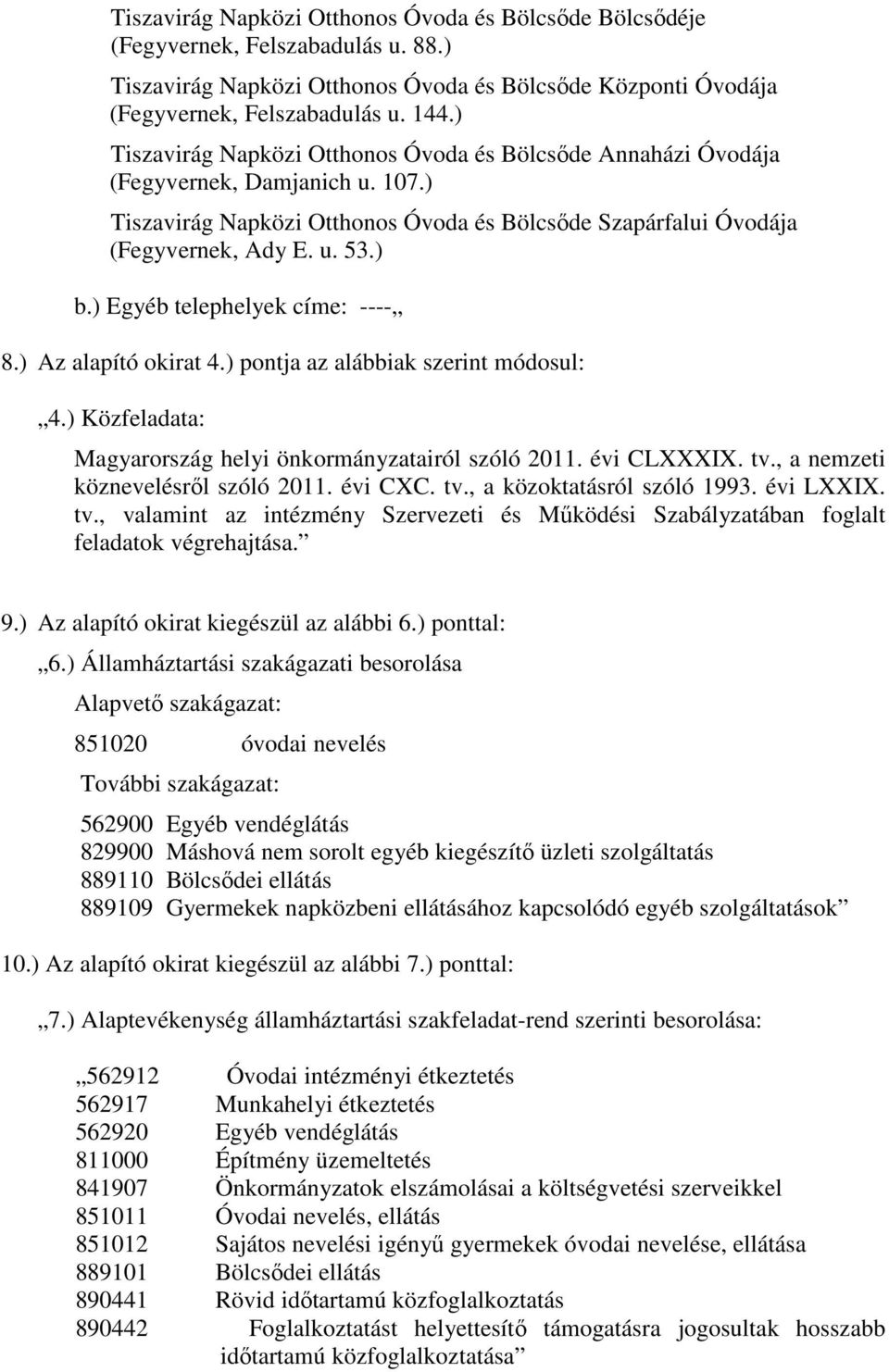 ) Egyéb telephelyek címe: ---- 8.) Az alapító okirat 4.) pontja az alábbiak szerint módosul: 4.) Közfeladata: Magyarország helyi önkormányzatairól szóló 2011. évi CLXXXIX. tv.