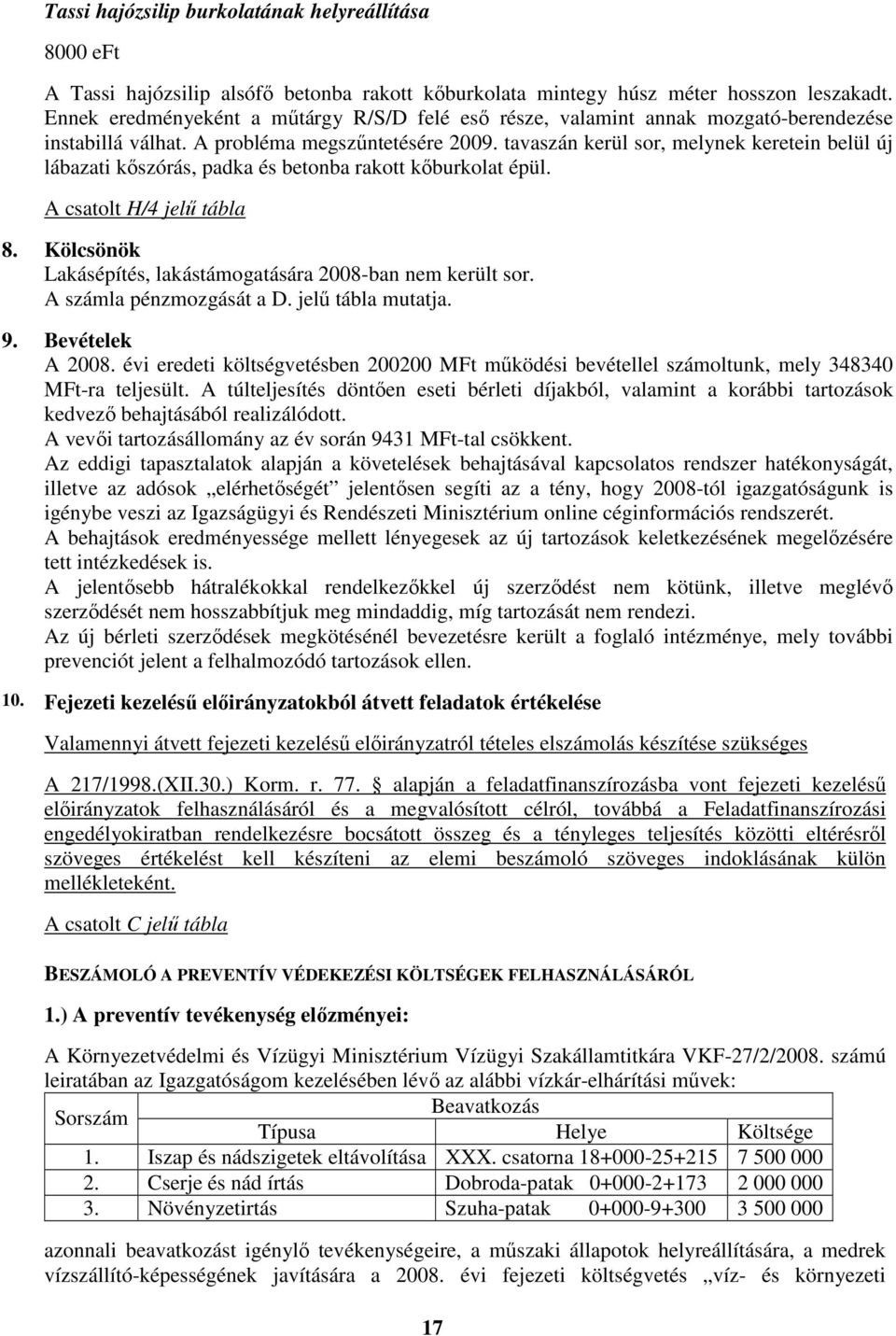 tavaszán kerül sor, melynek keretein belül új lábazati kőszórás, padka és betonba rakott kőburkolat épül. A csatolt H/4 jelű tábla 8. Kölcsönök Lakásépítés, lakástámogatására 2008-ban nem került sor.