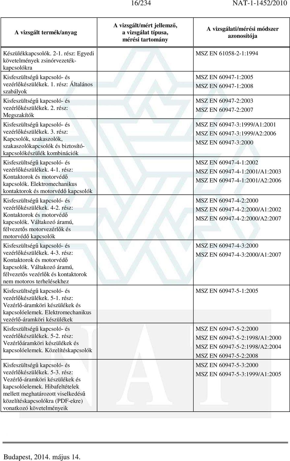 rész: Kapcsolók, szakaszolók, szakaszolókapcsolók és biztosítókapcsolókészülék kombinációk Kisfeszültségű kapcsoló- és vezérlőkészülékek. 4-1. rész: Kontaktorok és motorvédő kapcsolók.