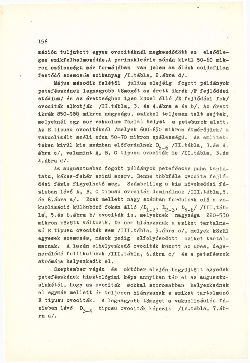 Május második felétől Julius elejéig fogott példányok petefészkének legnagyobb tömegét az érett ikrák /F fejlődési stádium/ és az érettséghes igen közel álló /B fejlődési fok/ ovociták alkotják /II.