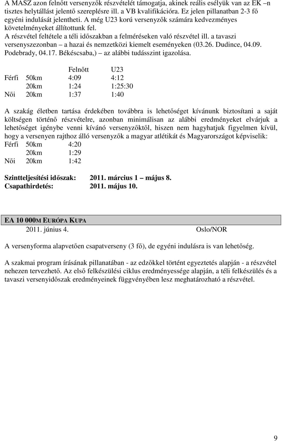 A részvétel feltétele a téli időszakban a felméréseken való részvétel ill. a tavaszi versenyszezonban a hazai és nemzetközi kiemelt eseményeken (03.26. Dudince, 04.09. Podebrady, 04.17.