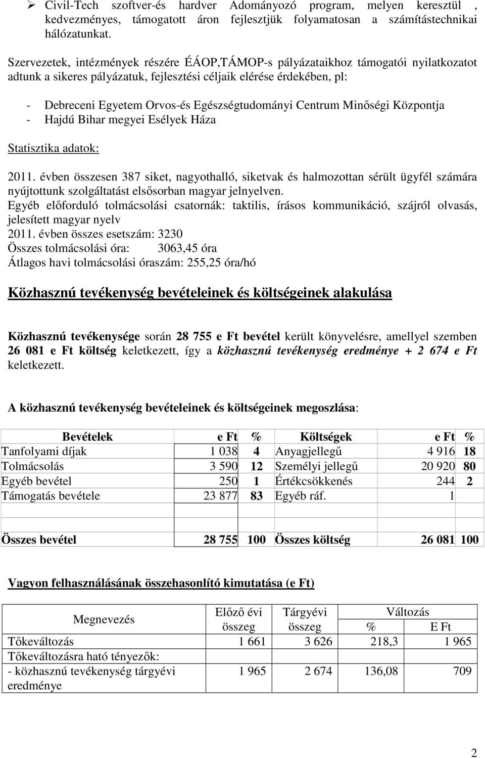 Egészségtudományi Centrum Minőségi Központja - Hajdú Bihar megyei Esélyek Háza Statisztika adatok: 2011.