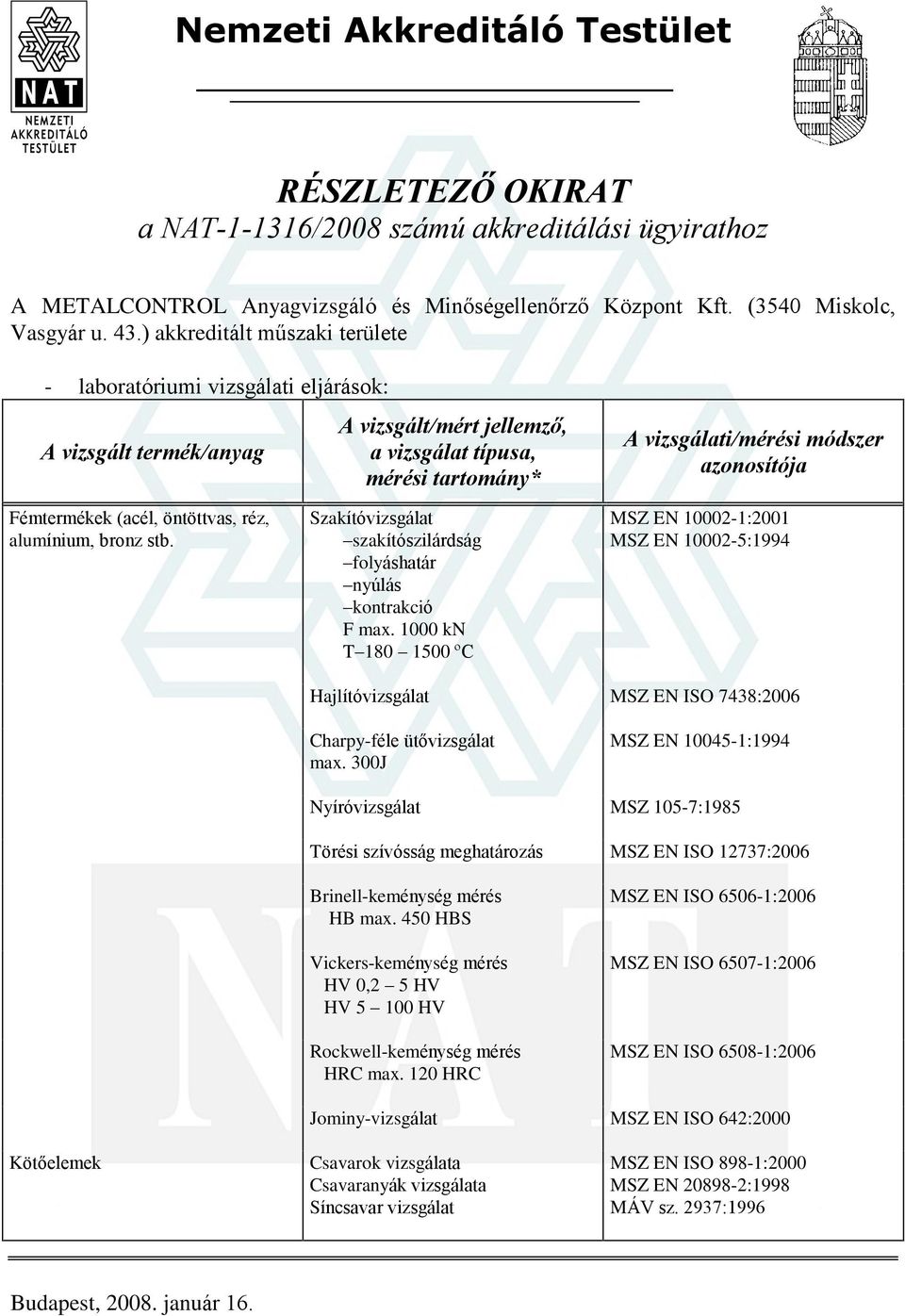 1000 kn T 180 1500 ºC MSZ EN 10002-1:2001 MSZ EN 10002-5:1994 Hajlítóvizsgálat MSZ EN ISO 7438:2006 Charpy-féle ütõvizsgálat max.