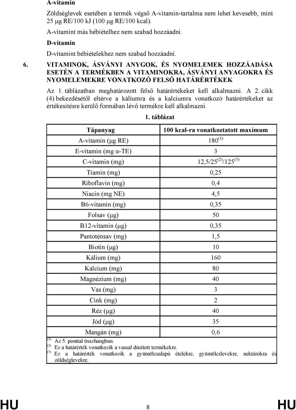 VITAMINOK, ÁSVÁNYI ANYGOK, ÉS NYOMELEMEK HOZZÁADÁSA ESETÉN A TERMÉKBEN A VITAMINOKRA, ÁSVÁNYI ANYAGOKRA ÉS NYOMELEMEKRE VONATKOZÓ FELSŐ HATÁRÉRTÉKEK Az 1.