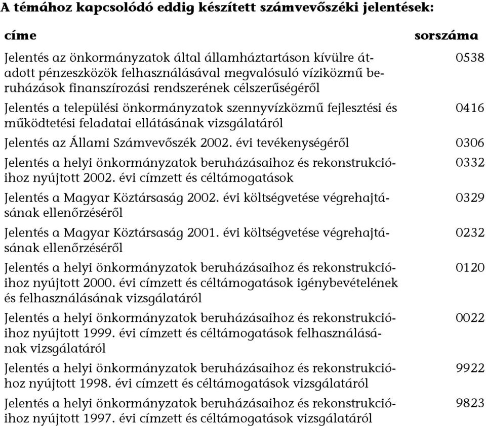 Számvevőszék 2002. évi tevékenységéről 0306 Jelentés a helyi önkormányzatok beruházásaihoz és rekonstrukcióihoz nyújtott 2002. évi címzett és céltámogatások Jelentés a Magyar Köztársaság 2002.