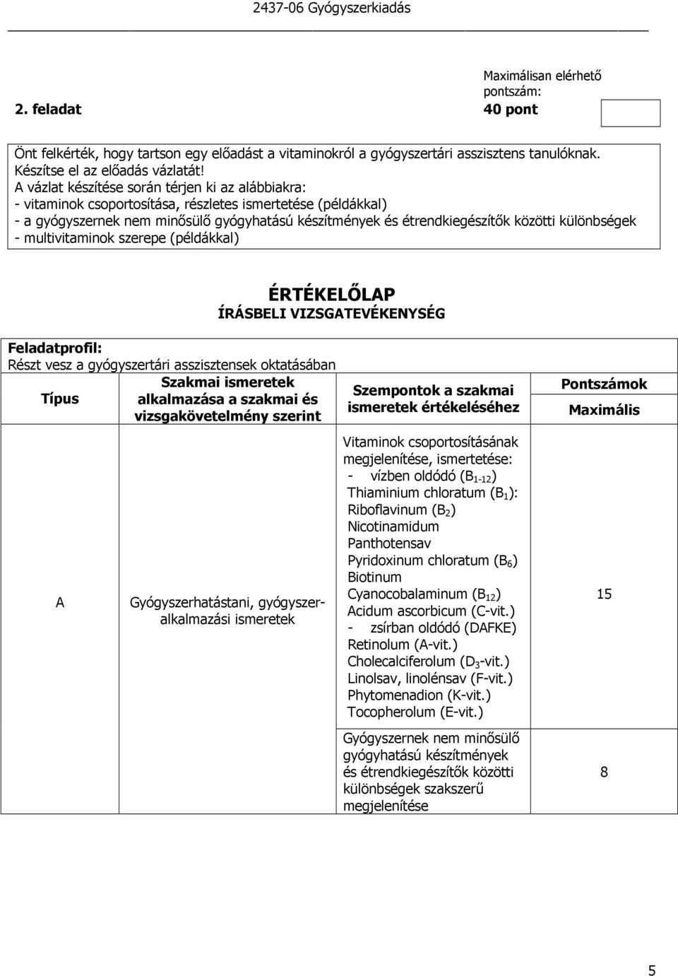 különbségek - multivitaminok szerepe (példákkal) ÉRTÉKELİLAP ÍRÁSBELI VIZSGATEVÉKENYSÉG Feladatprofil: Részt vesz a gyógyszertári asszisztensek oktatásában Szakmai ismeretek Típus alkalmazása a