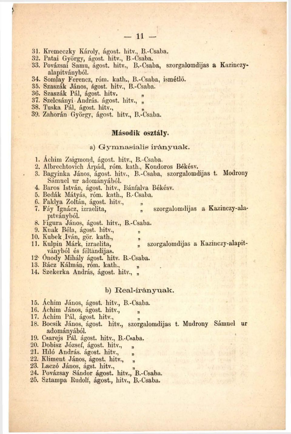 Zahorán György, ágost. hitv., B.-Csaba. Második osztály. a) G ym nasialis irányúak. 1. Achim Zsigmond, ágost. hitv., B.-Csaba. 2. Albrechtovich Árpád, róm. kath., Kondoros Békésv. 3.