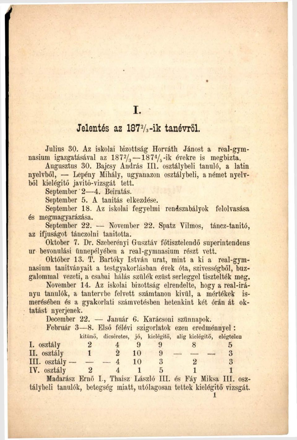 Az iskolai fegyelmi rendszabályok felolvasása és megmagyarázása. September 22. November 22. Spatz Vilmos, táncz-tanitó, az ifjúságot tánczolni tanította. Oktober 7. Dr.