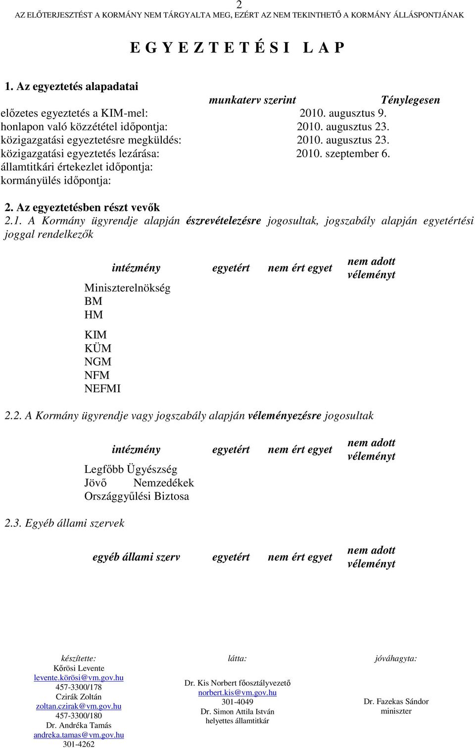 közigazgatási egyeztetésre megküldés: 2010. augusztus 23. közigazgatási egyeztetés lezárása: 2010. szeptember 6. államtitkári értekezlet időpontja: kormányülés időpontja: 2.