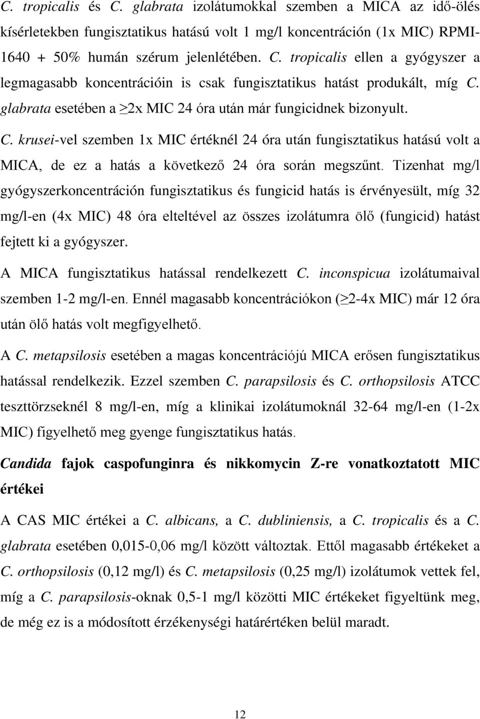 Tizenhat mg/l gyógyszerkoncentráción fungisztatikus és fungicid hatás is érvényesült, míg 32 mg/l-en (4x MIC) 48 óra elteltével az összes izolátumra ölő (fungicid) hatást fejtett ki a gyógyszer.