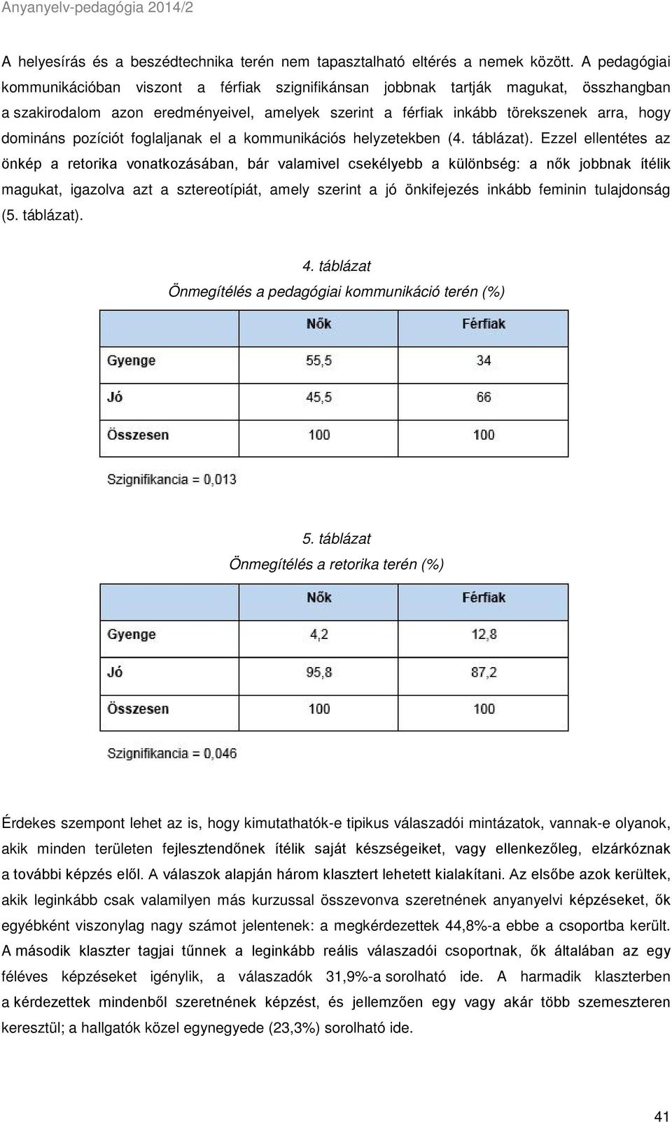 pozíciót foglaljanak el a kommunikációs helyzetekben (4. táblázat).