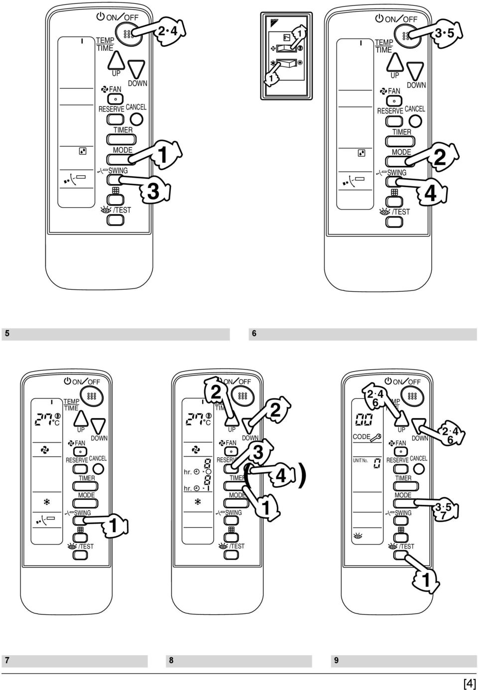 TEMP 4 35 6 MODE TIMER RESERVE CANCEL /TEST SWING TIME TEMP C hr.