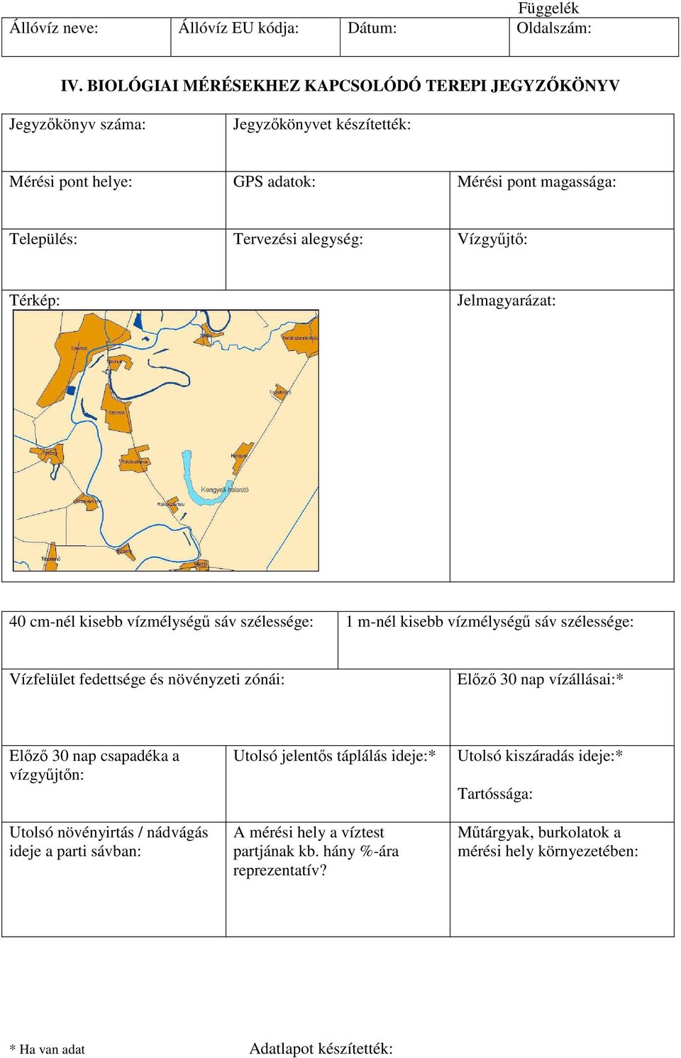 Vízgyőjtı: Térkép: Jelmagyarázat: 40 cm-nél kisebb vízmélységő sáv szélessége: 1 m-nél kisebb vízmélységő sáv szélessége: Vízfelület fedettsége és növényzeti zónái: Elızı 30 nap