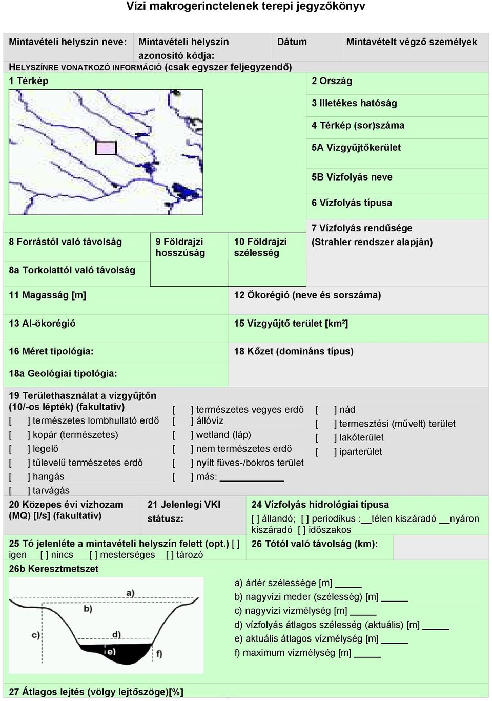 Vízfolyás rendűsége (Strahler rendszer alapján) 8a Torkolattól való távolság 11 Magasság [m] 12 Ökorégió (neve és sorszáma) 13 Al-ökorégió 15 Vízgyűjtő terület [km²] 16 Méret tipológia: 18 Kőzet