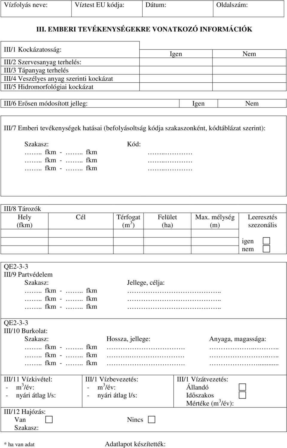 III/6 Erısen módosított jelleg: Igen Nem III/7 Emberi tevékenységek hatásai (befolyásoltság kódja szakaszonként, kódtáblázat szerint): Szakasz:.. fkm -.. fkm.. fkm -.. fkm.. fkm -.. fkm Kód:.