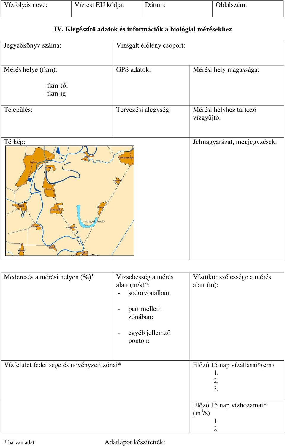 magassága: Település: Tervezési alegység: Mérési helyhez tartozó vízgyőjtı: Térkép: Jelmagyarázat, megjegyzések: Mederesés a mérési helyen (%)* Vízsebesség a mérés