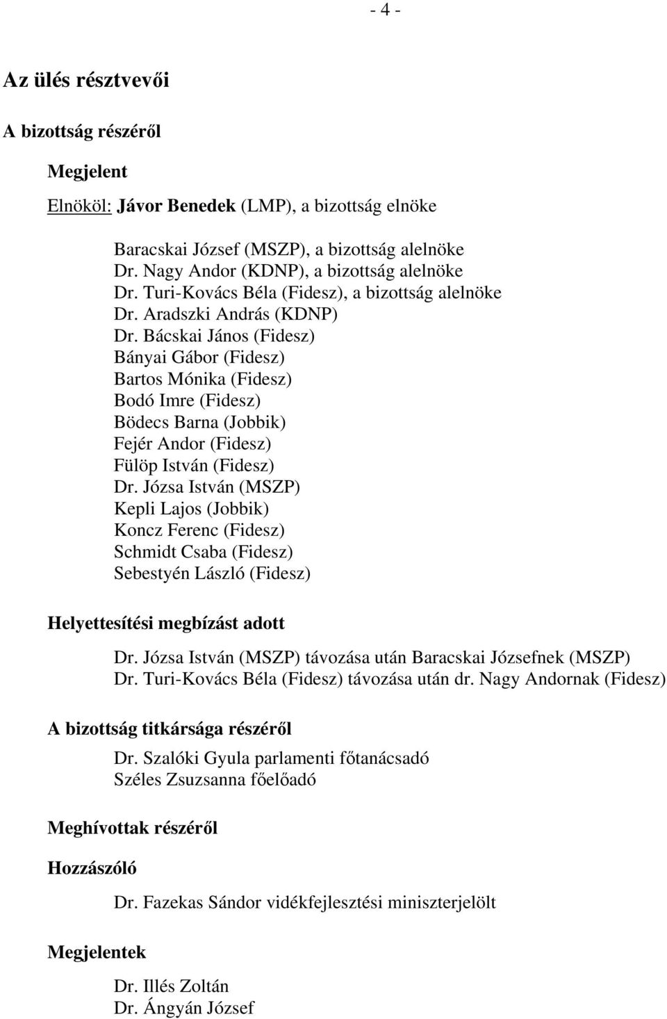 Bácskai János (Fidesz) Bányai Gábor (Fidesz) Bartos Mónika (Fidesz) Bodó Imre (Fidesz) Bödecs Barna (Jobbik) Fejér Andor (Fidesz) Fülöp István (Fidesz) Dr.