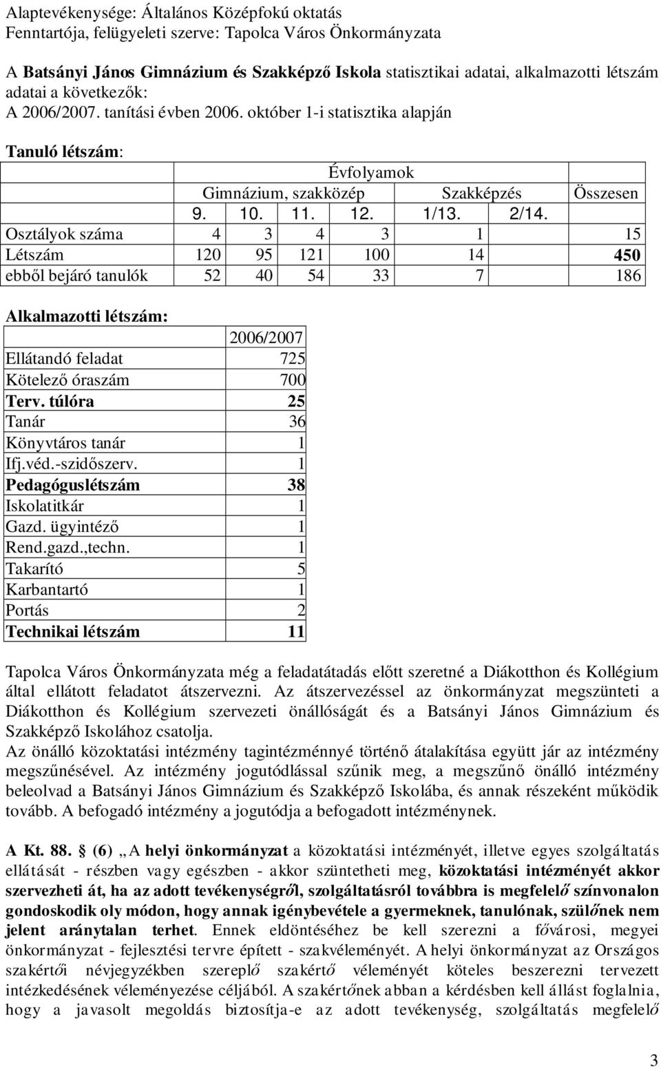 Osztályok száma 4 3 4 3 1 15 Létszám 120 95 121 100 14 450 ebből bejáró tanulók 52 40 54 33 7 186 Alkalmazotti létszám: 2006/2007 Ellátandó feladat 725 Kötelező óraszám 700 Terv.