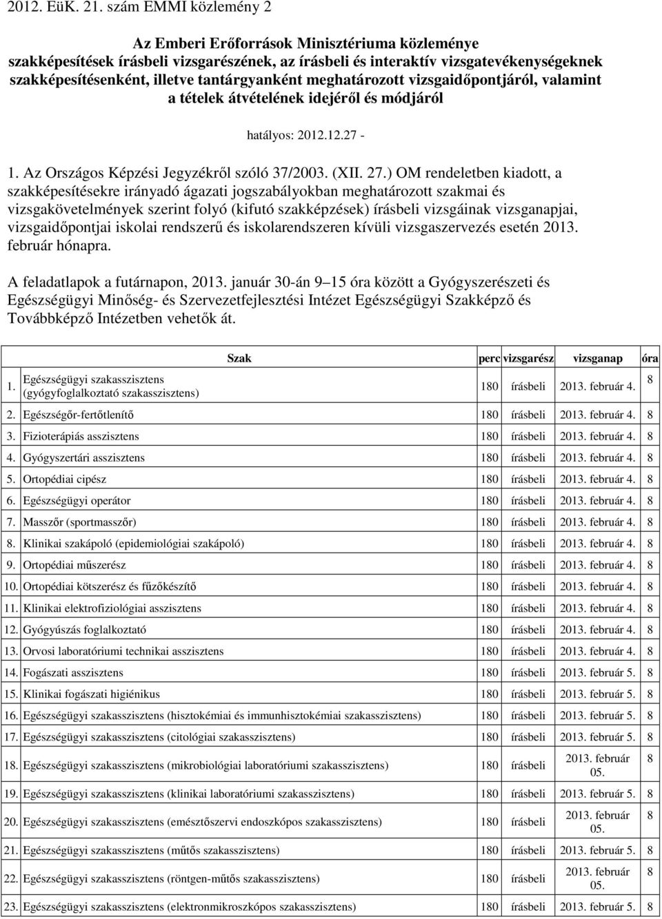 tantárgyanként meghatározott vizsgaidıpontjáról, valamint a tételek átvételének idejérıl és módjáról hatályos: 201127 - Az Országos Képzési Jegyzékrıl szóló 37/200 (XII. 27.