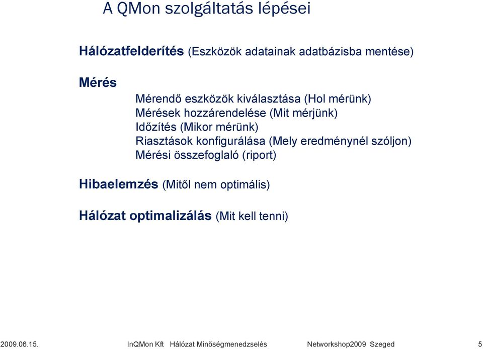 konfigurálása (Mely eredménynél szóljon) Mérési összefoglaló (riport) Hibaelemzés (Mitől nem optimális)