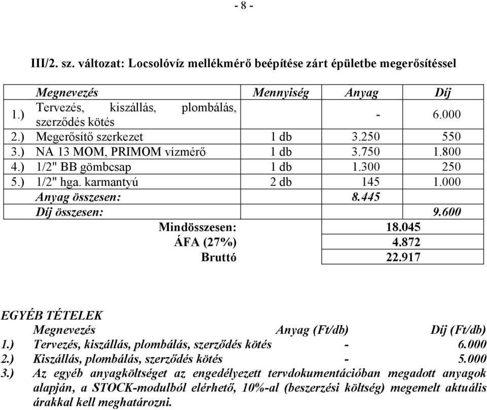 445 Díj összesen: 9.600 Mindösszesen: 18.045 ÁFA (27%) 4.872 Bruttó 22.917 EGYÉB TÉTELEK Megnevezés Anyag (Ft/db) Díj (Ft/db) 1.) Tervezés, kiszállás, plombálás, szerzıdés kötés - 6.000 2.