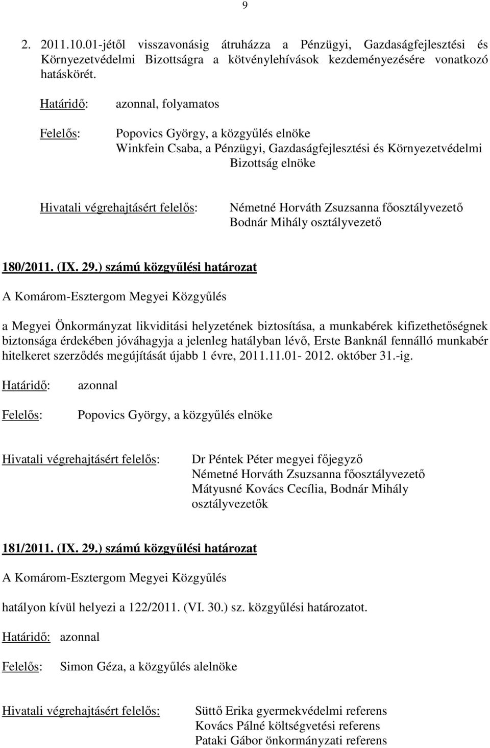 Németné Horváth Zsuzsanna fıosztályvezetı Bodnár Mihály osztályvezetı 180/2011. (IX. 29.