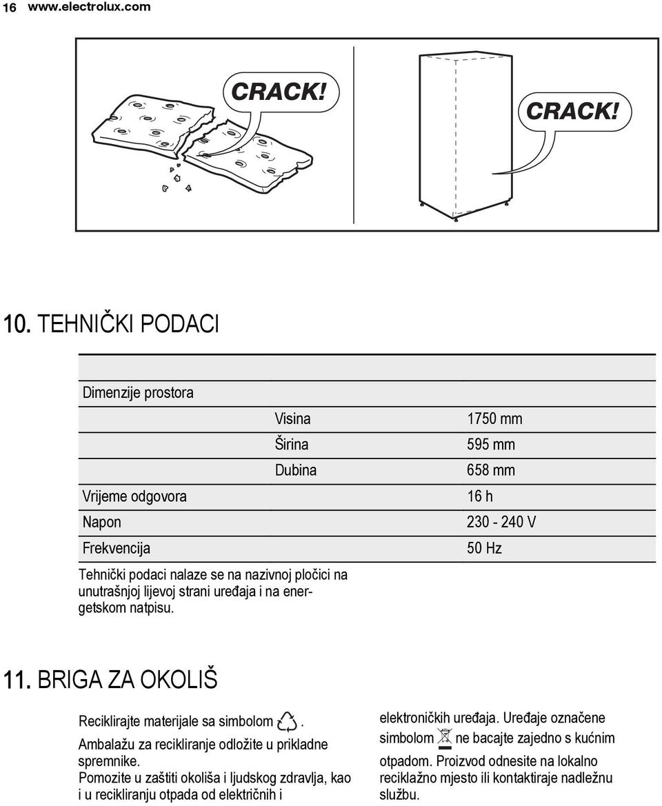 nazivnoj pločici na unutrašnjoj lijevoj strani uređaja i na energetskom natpisu. 11. BRIGA ZA OKOLIŠ Reciklirajte materijale sa simbolom.