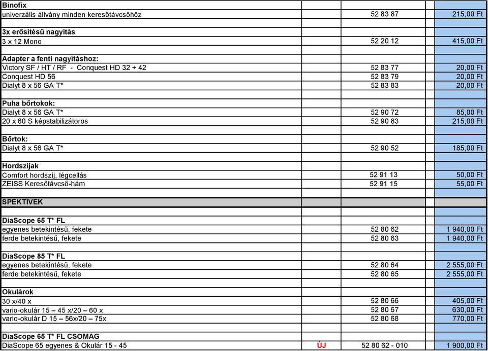 Dialyt 8 x 56 GA T* 52 90 52 185,00 Ft Hordszíjak Comfort hordszíj, légcellás 52 91 13 50,00 Ft ZEISS Keresőtávcső-hám 52 91 15 55,00 Ft SPEKTÍVEK DiaScope 65 T* FL egyenes betekintésű, fekete 52 80