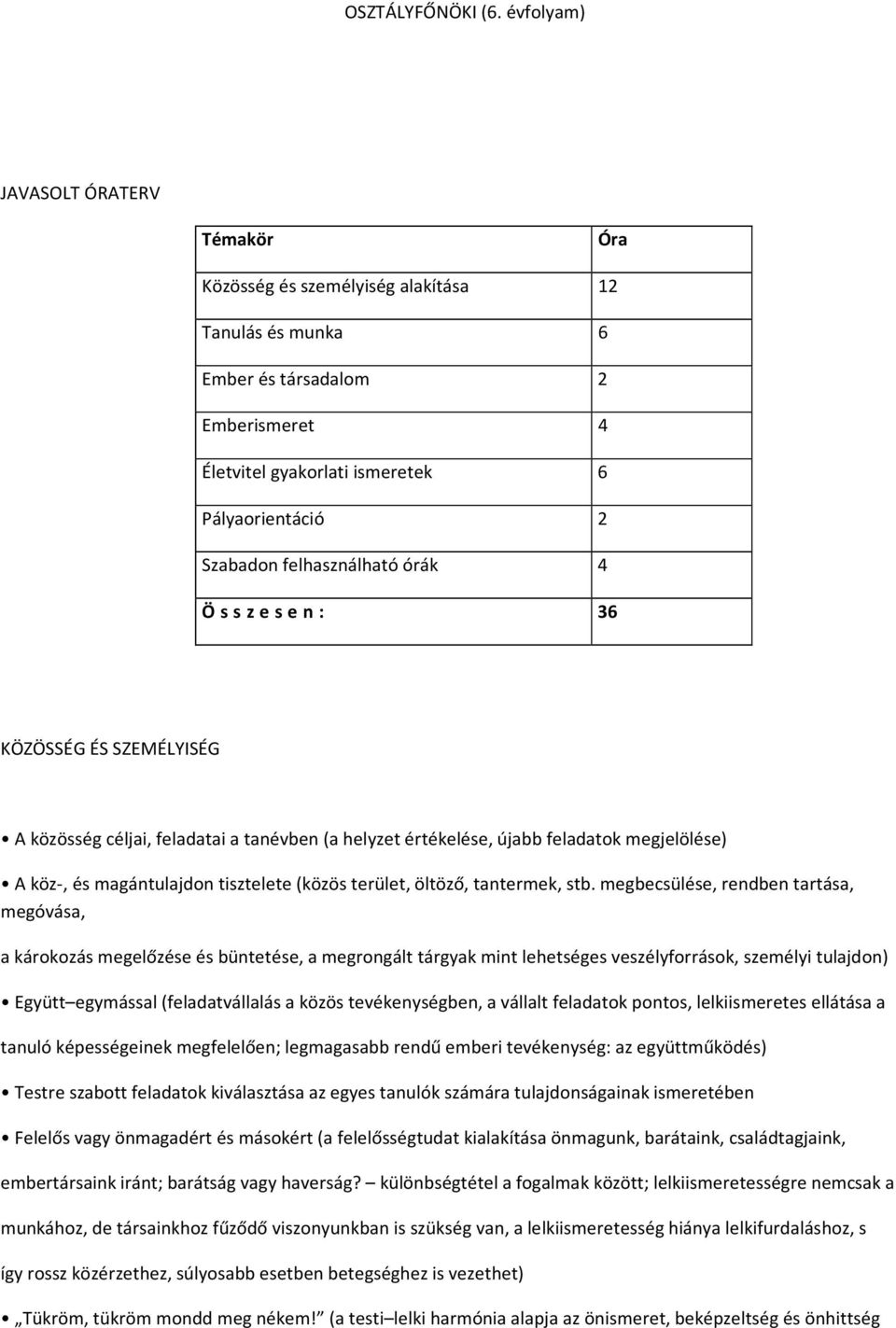 felhasználható órák 4 Ö s s z e s e n : 36 KÖZÖSSÉG ÉS SZEMÉLYISÉG A közösség céljai, feladatai a tanévben (a helyzet értékelése, újabb feladatok megjelölése) A köz-, és magántulajdon tisztelete