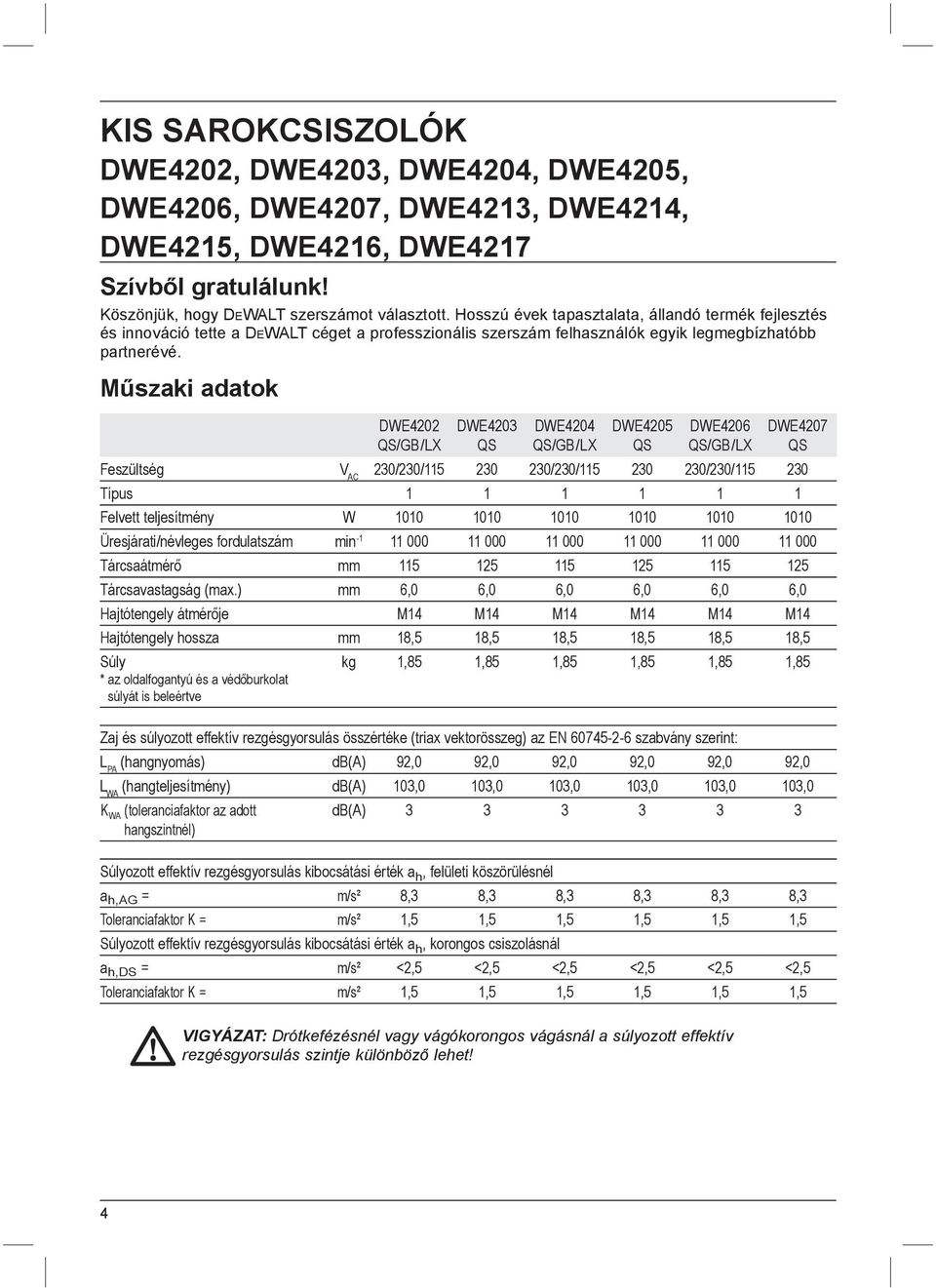 Műszaki adatok DWE4202 QS/GB / LX DWE4203 QS DWE4204 QS/GB / LX DWE4205 QS DWE4206 QS/GB / LX DWE4207 QS Feszültség V AC 230/230/115 230 230/230/115 230 230/230/115 230 Típus 1 1 1 1 1 1 Felvett