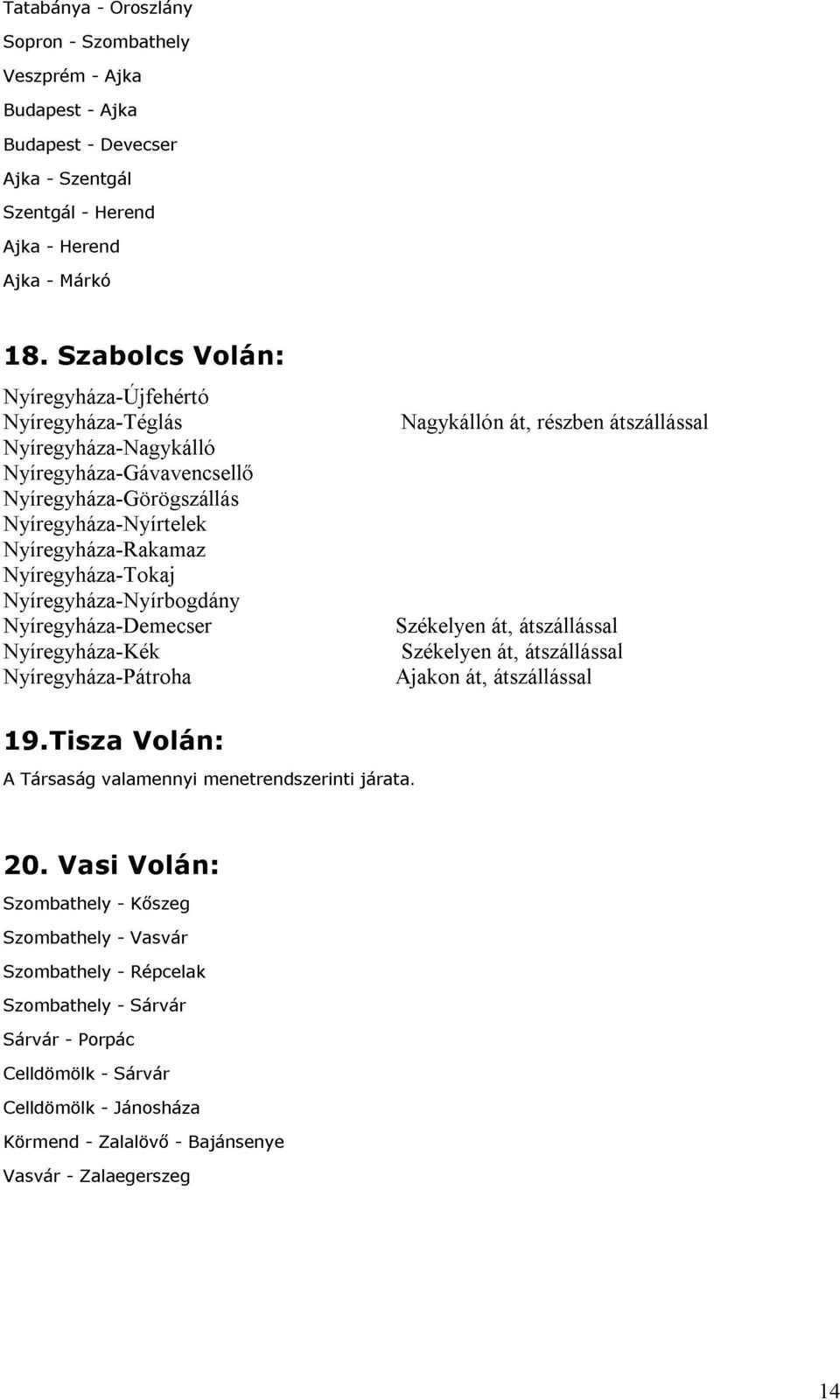 Volán: Nyíregyháza-Rakamaz Nyíregyháza-Tokaj Nagykállón át, részben átszállással Nyíregyháza-Nyírbogdány Nyíregyháza-Demecser Nyíregyháza-Kék Nyíregyháza-Pátroha 19.