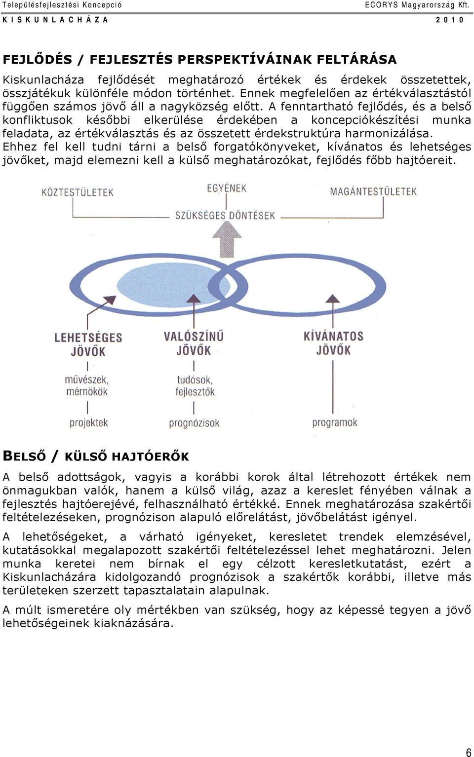 A fenntartható fejlődés, és a belső konfliktusok későbbi elkerülése érdekében a koncepciókészítési munka feladata, az értékválasztás és az összetett érdekstruktúra harmonizálása.