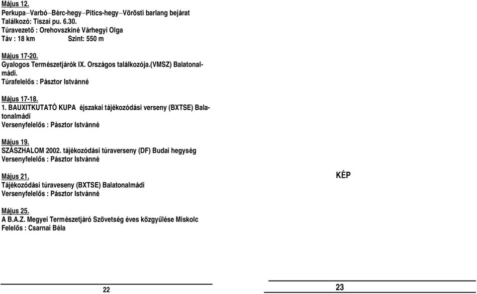 -18. 1. BAUXITKUTATÓ KUPA éjszakai tájékozódási verseny (BXTSE) Balatonalmádi Versenyfelelős : Pásztor Istvánné Május 19. SZÁ SZHALOM 2002.