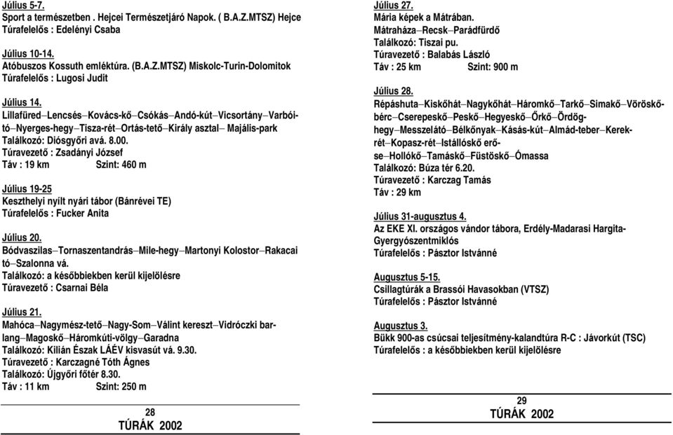 Túravezető : Zsadányi József Táv : 19 km Szint: 460 m Július 19-25 Keszthelyi nyílt nyári tábor (Bánrévei TE) Túrafelelős : Fucker Anita Július 20.