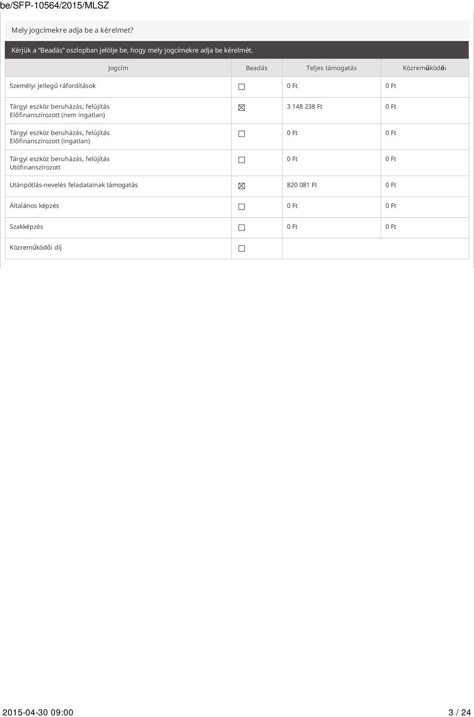 ingatlan) Tárgyi eszköz beruházás, felújítás Előfinanszírozott (ingatlan) Tárgyi eszköz beruházás, felújítás Utófinanszírozott 3 148 238 Ft 0