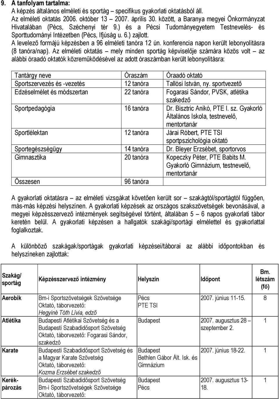 A levelező formájú képzésben a 96 elméleti tanóra 12 ún. konferencia napon került lebonyolításra (8 tanóra/nap).